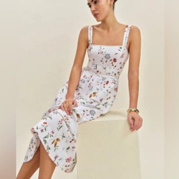 NEW Reformation Everett Linen Midi Dress Corsini White Multi Floral | US 6 UK 10 - Picture 5 of 16